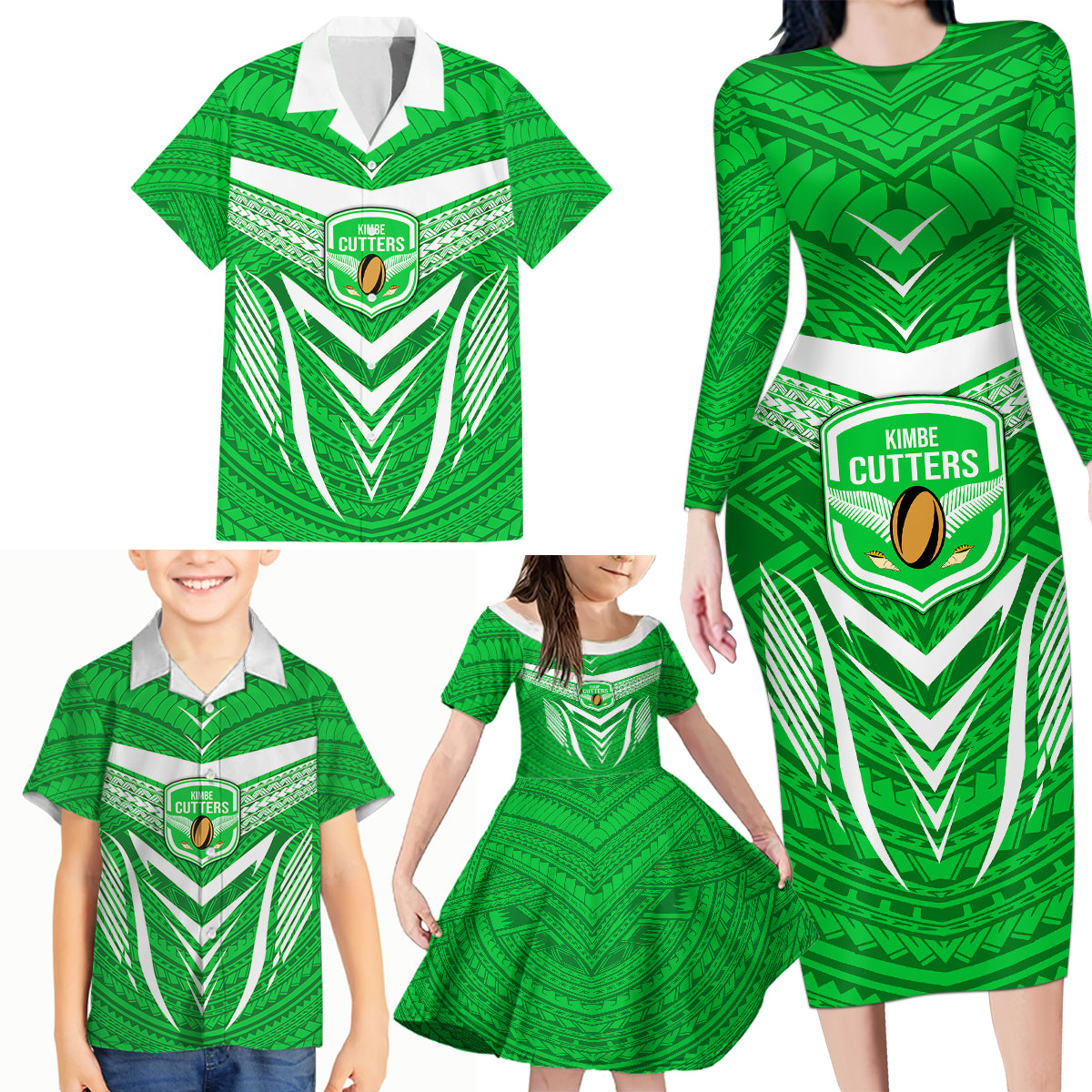 Custom Kimbe Cutters Rugby Family Matching Long Sleeve Bodycon Dress and Hawaiian Shirt Papua New Guinea Polynesian Tattoo Green Version LT03 - Polynesian Pride