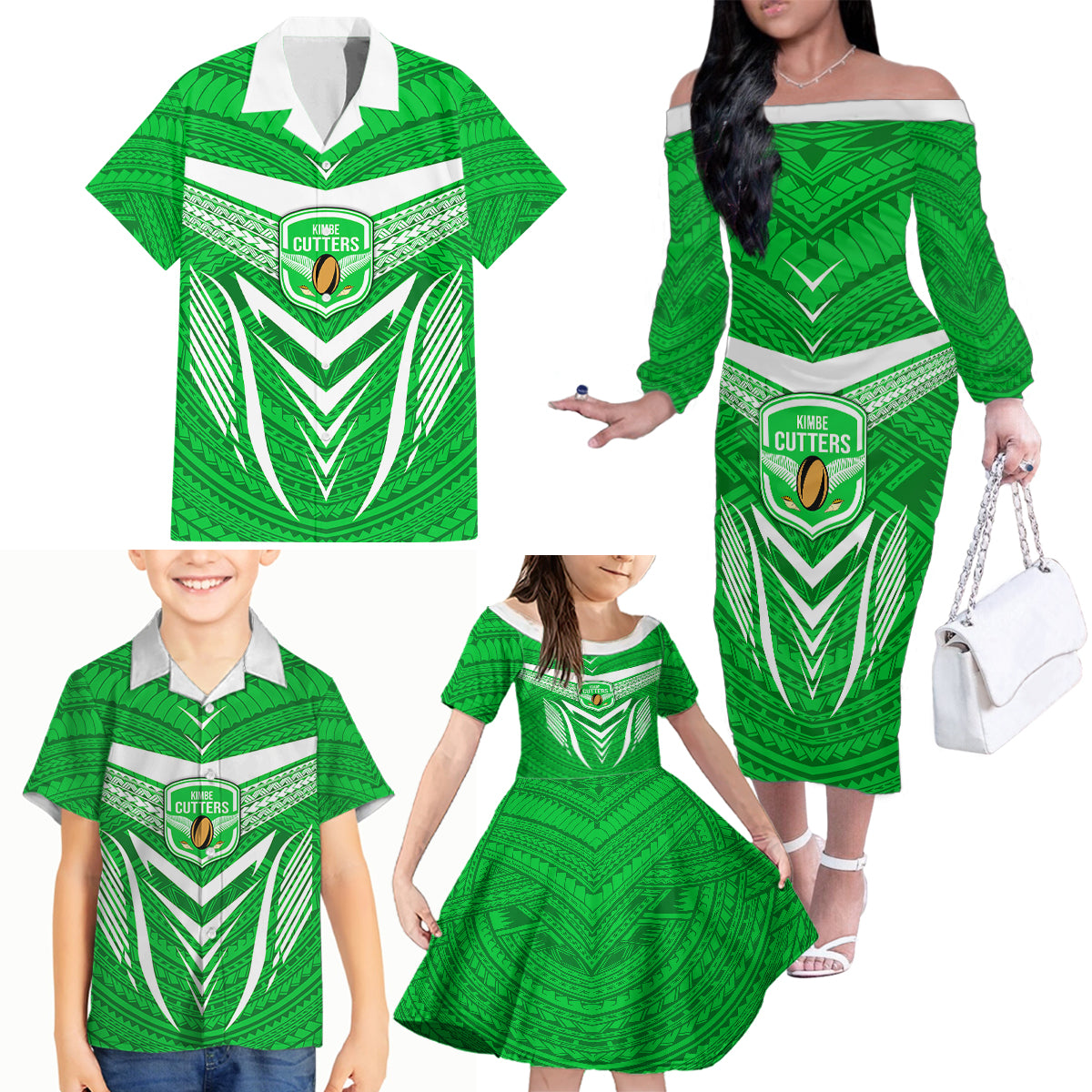 Custom Kimbe Cutters Rugby Family Matching Off Shoulder Long Sleeve Dress and Hawaiian Shirt Papua New Guinea Polynesian Tattoo Green Version LT03 - Polynesian Pride