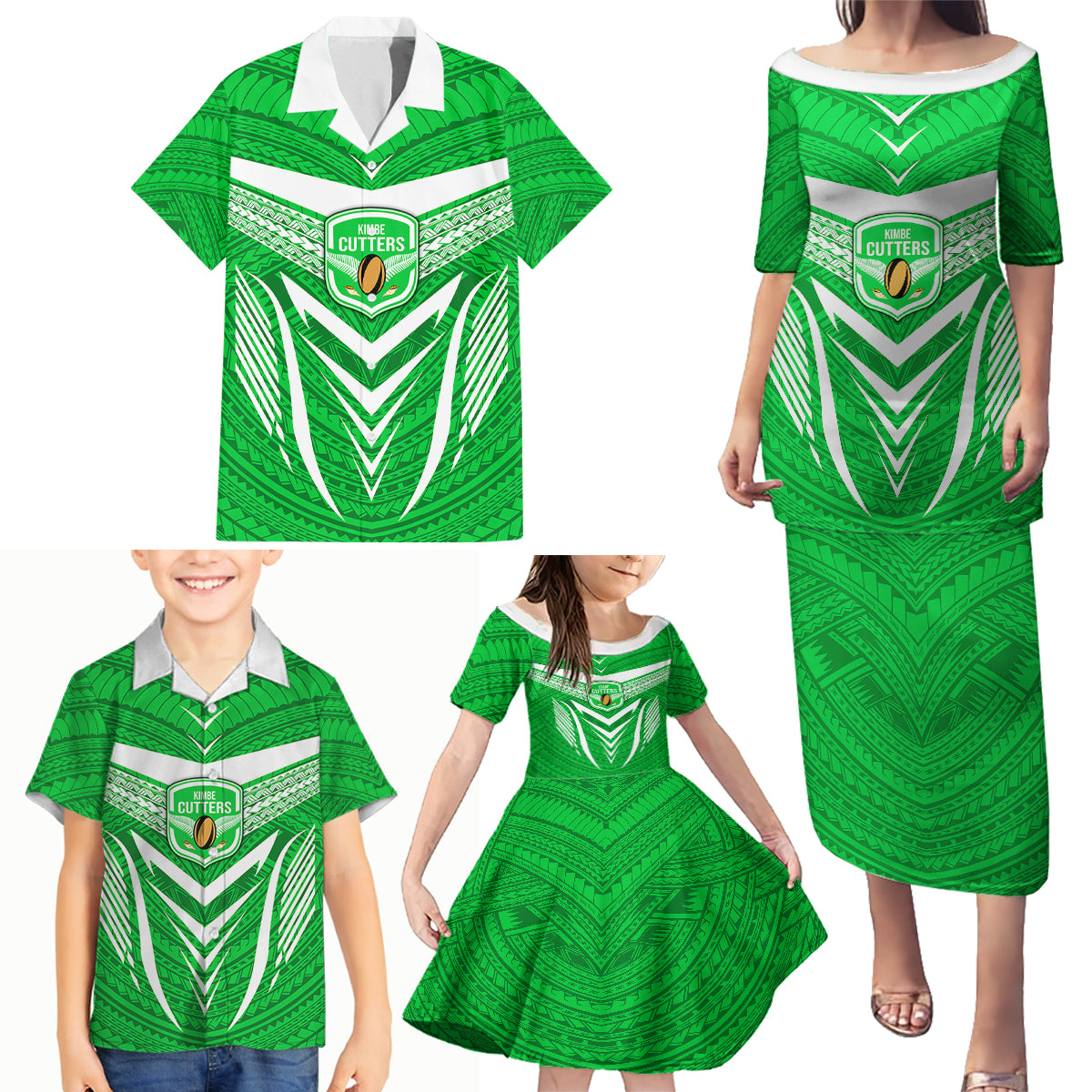 Custom Kimbe Cutters Rugby Family Matching Puletasi Dress and Hawaiian Shirt Papua New Guinea Polynesian Tattoo Green Version LT03 - Polynesian Pride