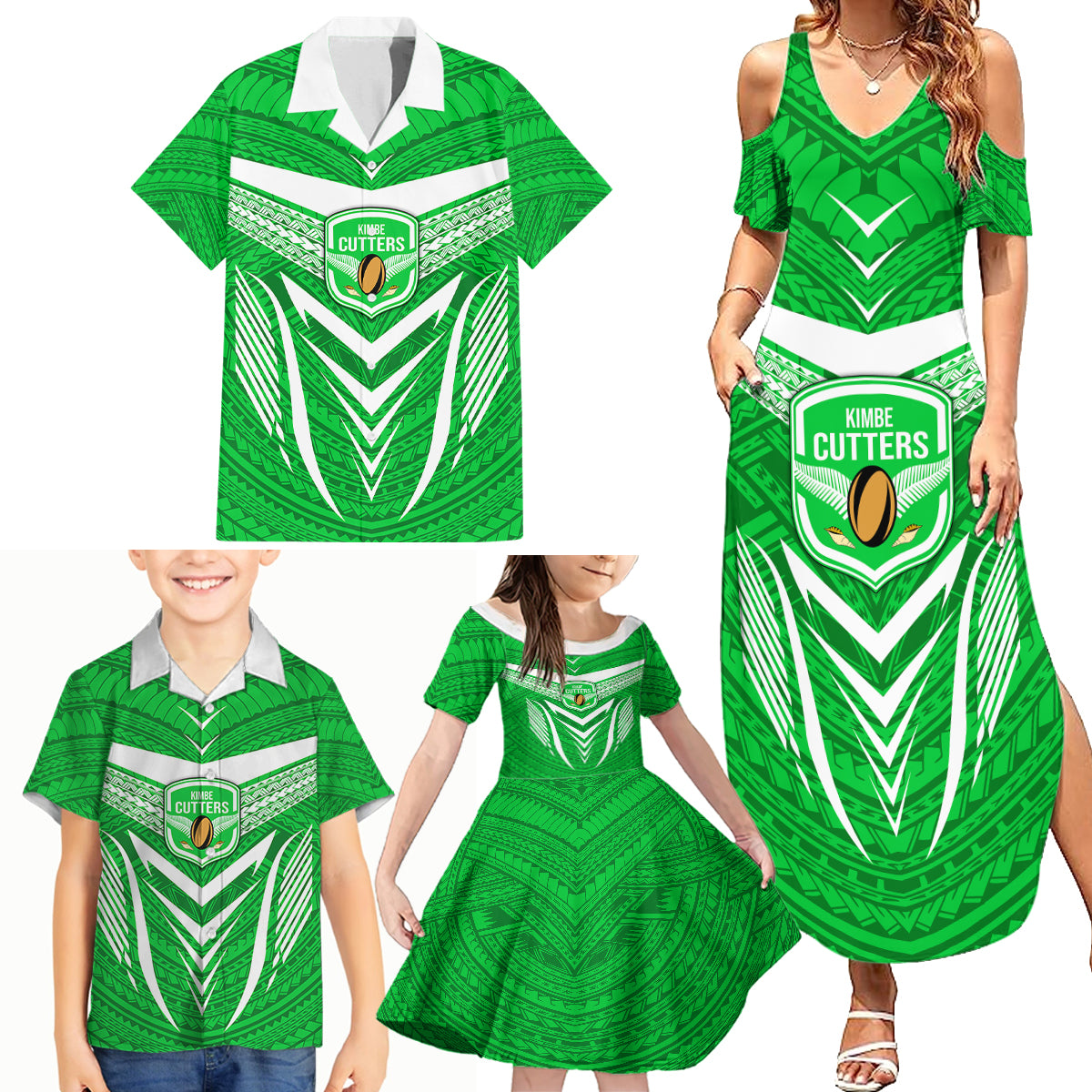 Custom Kimbe Cutters Rugby Family Matching Summer Maxi Dress and Hawaiian Shirt Papua New Guinea Polynesian Tattoo Green Version LT03 - Polynesian Pride