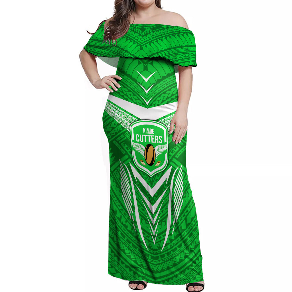 Custom Kimbe Cutters Rugby Off Shoulder Maxi Dress Papua New Guinea Polynesian Tattoo Green Version LT03 Women Green - Polynesian Pride