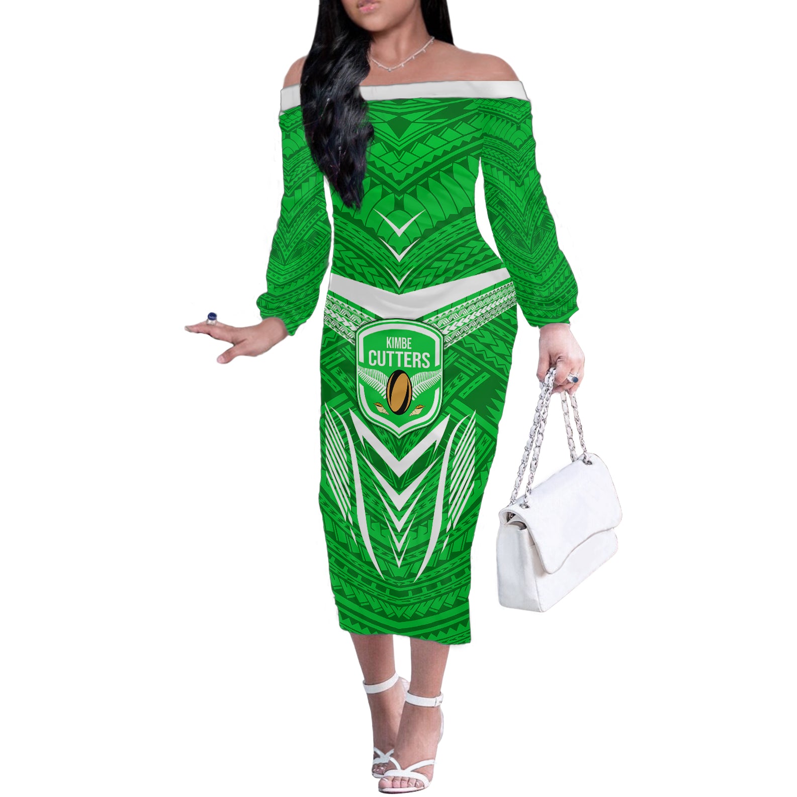 Custom Kimbe Cutters Rugby Off The Shoulder Long Sleeve Dress Papua New Guinea Polynesian Tattoo Green Version LT03 Women Green - Polynesian Pride