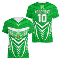 Custom Kimbe Cutters Rugby Women V Neck T Shirt Papua New Guinea Polynesian Tattoo Green Version LT03 - Polynesian Pride