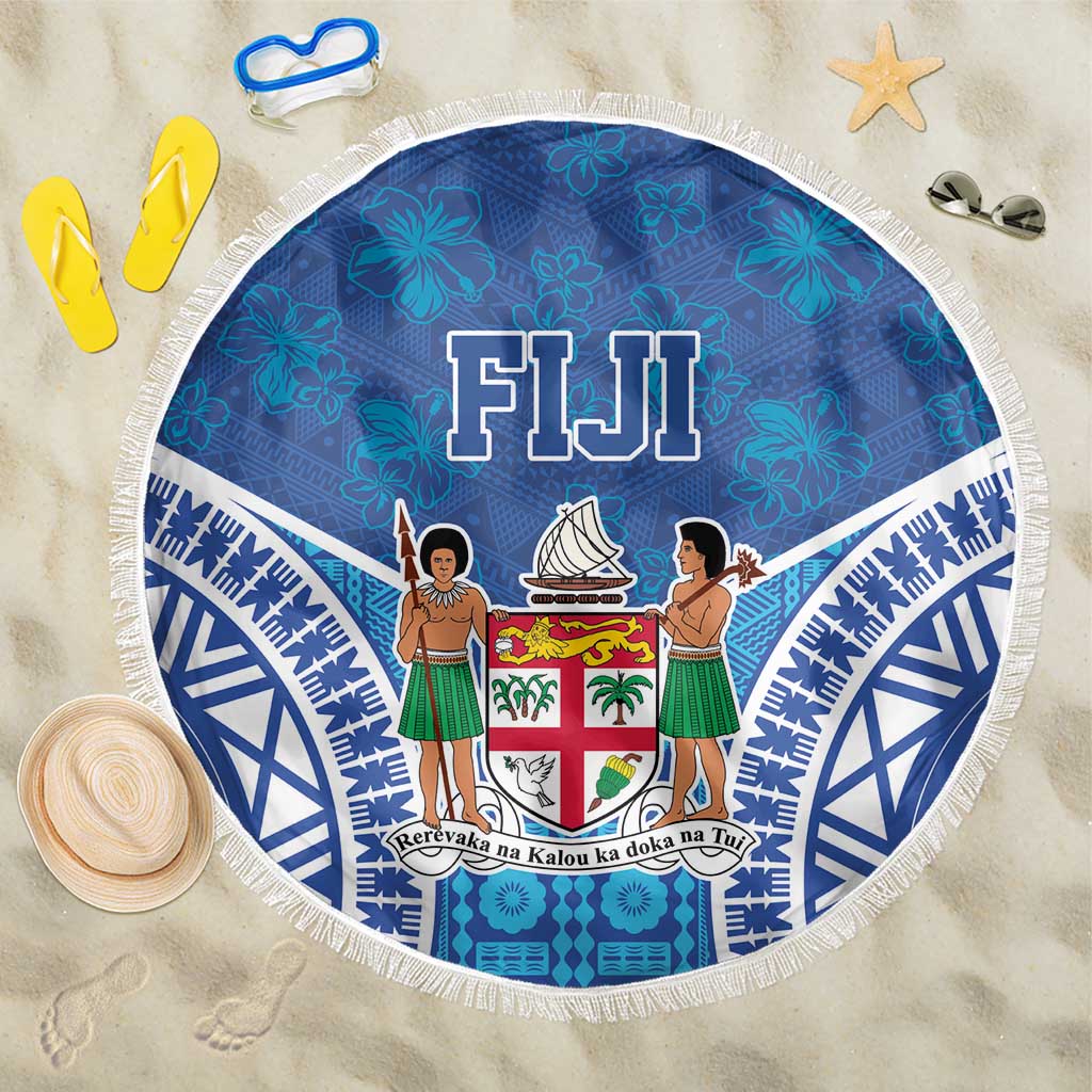 Fiji Day Beach Blanket Fijian Masi Tribal Hibiscus Tattoo and Tapa Pattern LT03 One Size 150cm Blue - Polynesian Pride
