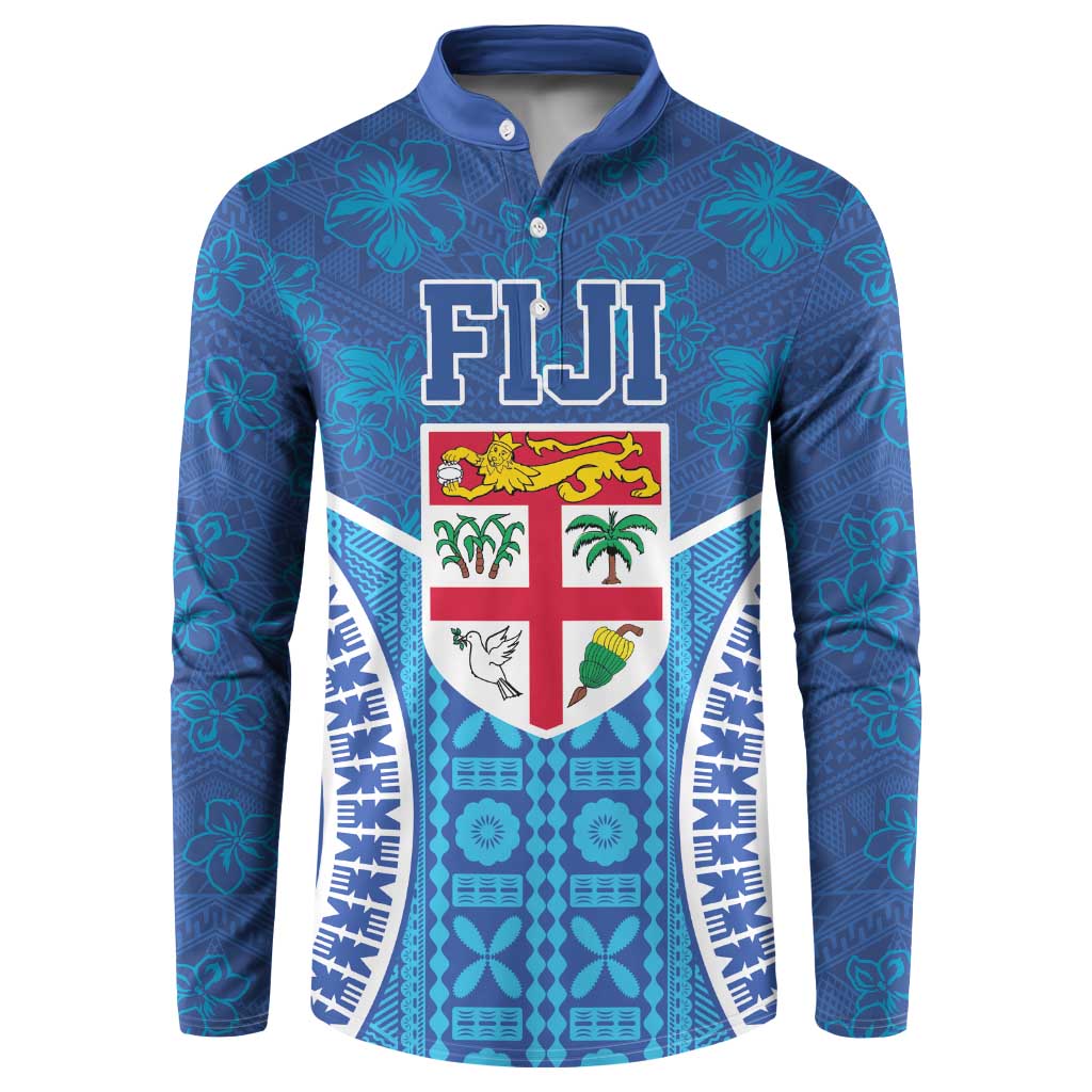 Fiji Day Button Sweatshirt Fijian Masi Tribal Hibiscus Tattoo and Tapa Pattern LT03 Blue - Polynesian Pride
