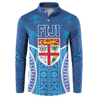 Fiji Day Button Sweatshirt Fijian Masi Tribal Hibiscus Tattoo and Tapa Pattern LT03 Blue - Polynesian Pride