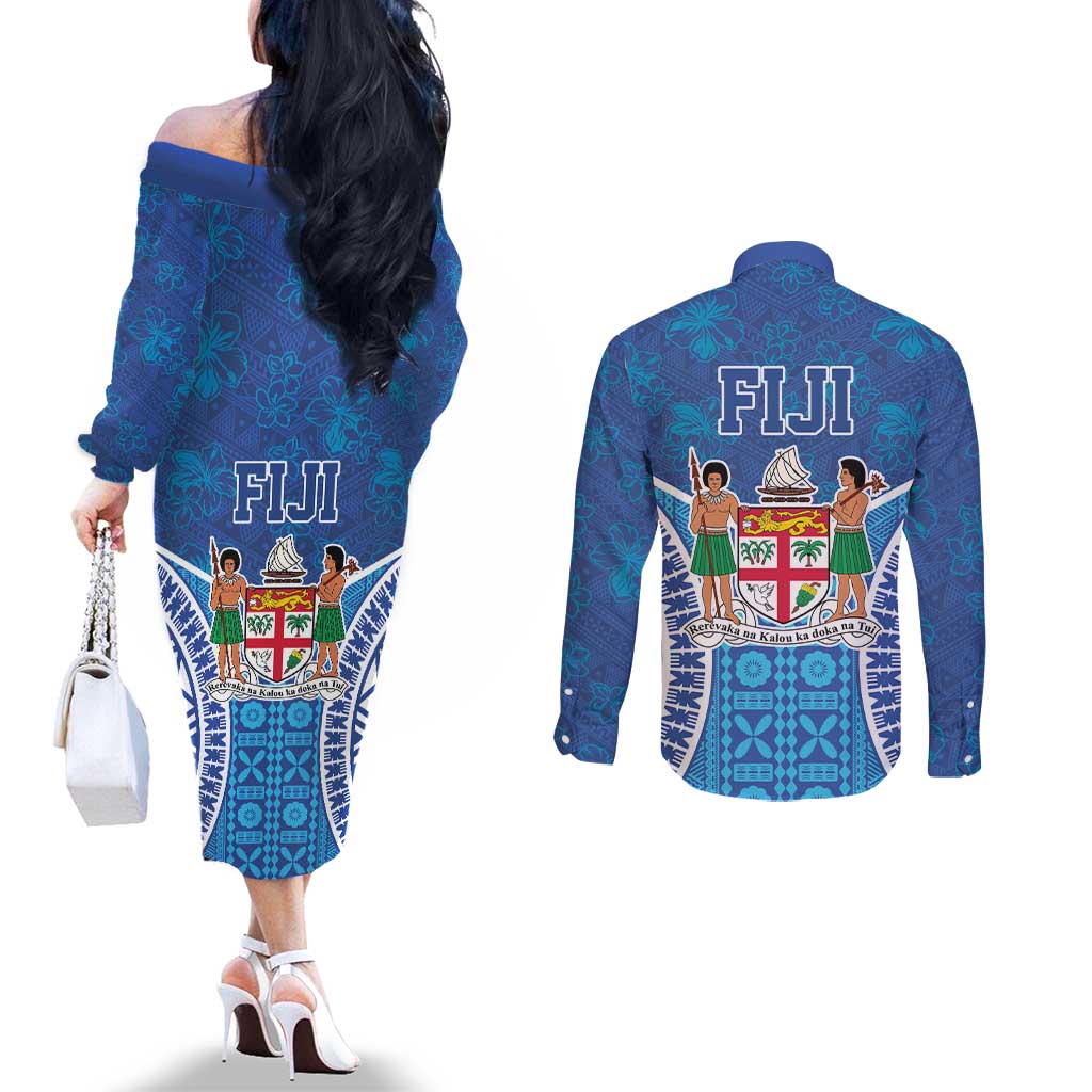 Fiji Day Couples Matching Off The Shoulder Long Sleeve Dress and Long Sleeve Button Shirt Fijian Masi Tribal Hibiscus Tattoo and Tapa Pattern