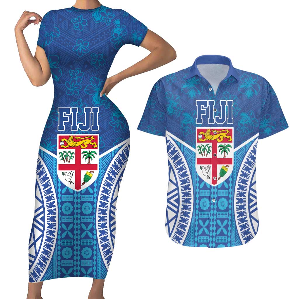 Fiji Day Couples Matching Short Sleeve Bodycon Dress and Hawaiian Shirt Fijian Masi Tribal Hibiscus Tattoo and Tapa Pattern LT03 Blue - Polynesian Pride