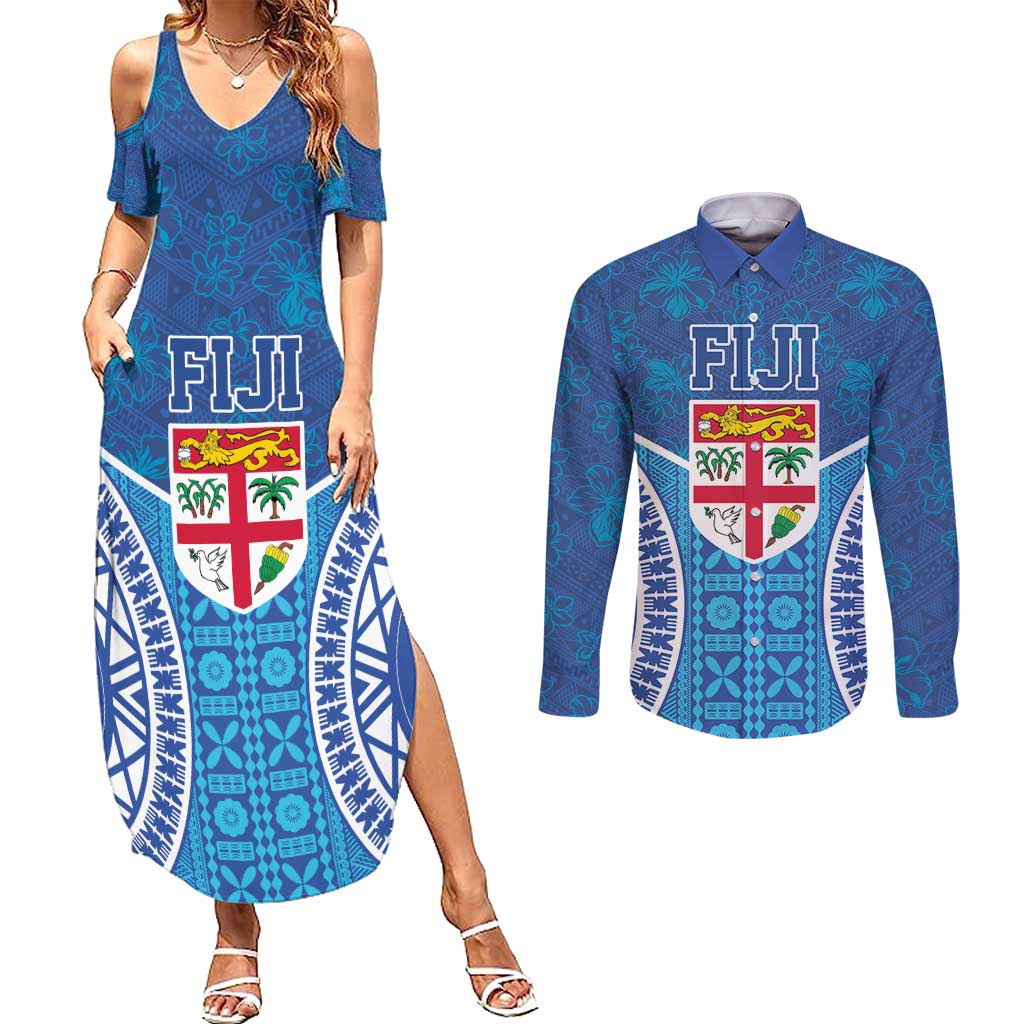 Fiji Day Couples Matching Summer Maxi Dress and Long Sleeve Button Shirt Fijian Masi Tribal Hibiscus Tattoo and Tapa Pattern