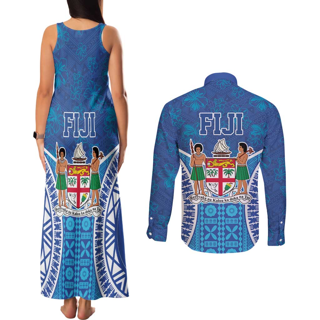 Fiji Day Couples Matching Tank Maxi Dress and Long Sleeve Button Shirt Fijian Masi Tribal Hibiscus Tattoo and Tapa Pattern