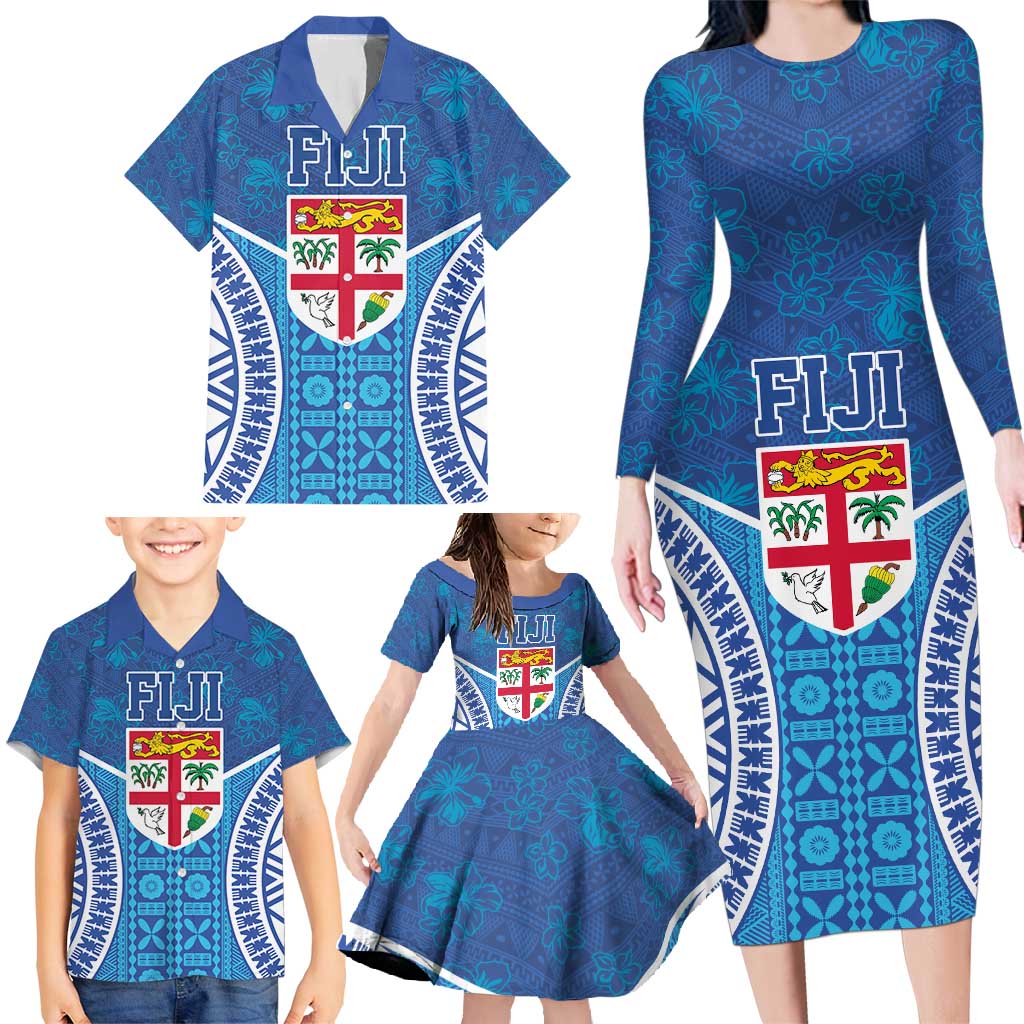 Fiji Day Family Matching Long Sleeve Bodycon Dress and Hawaiian Shirt Fijian Masi Tribal Hibiscus Tattoo and Tapa Pattern