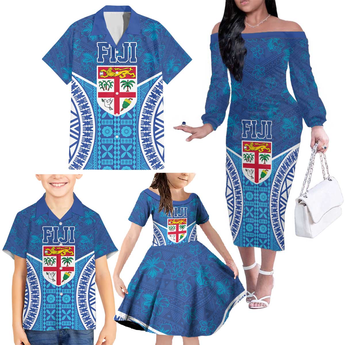 Fiji Day Family Matching Off The Shoulder Long Sleeve Dress and Hawaiian Shirt Fijian Masi Tribal Hibiscus Tattoo and Tapa Pattern