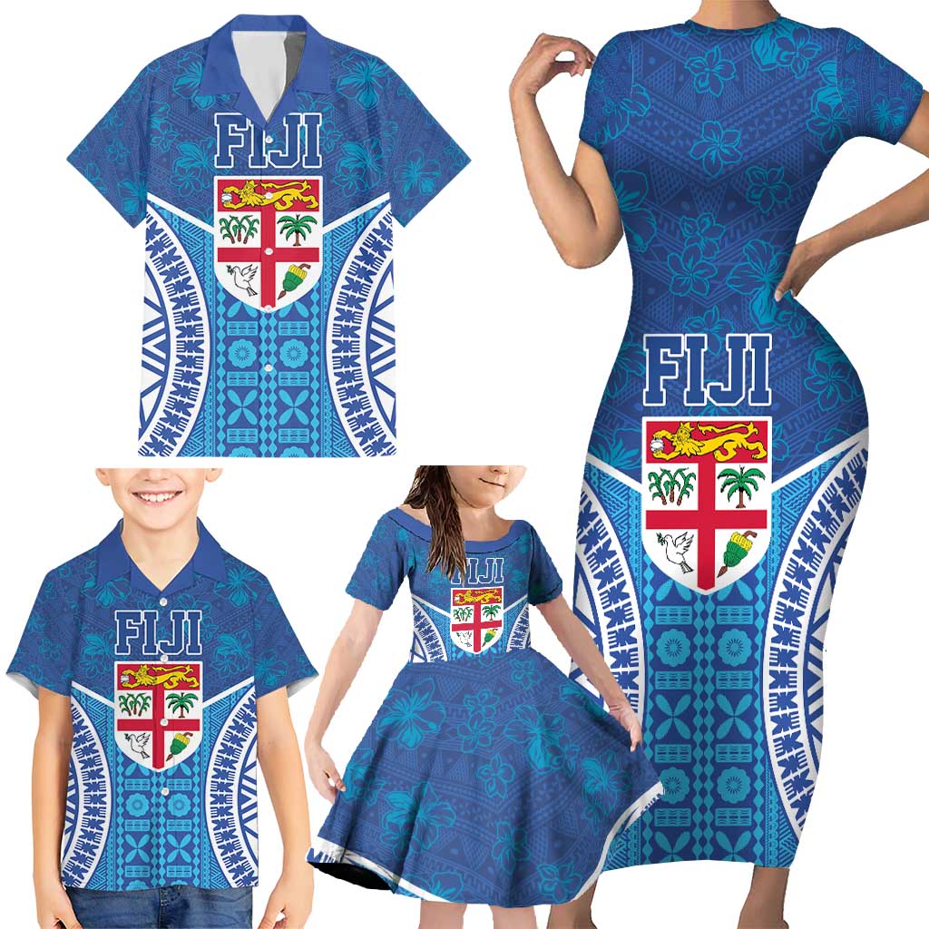 Fiji Day Family Matching Short Sleeve Bodycon Dress and Hawaiian Shirt Fijian Masi Tribal Hibiscus Tattoo and Tapa Pattern