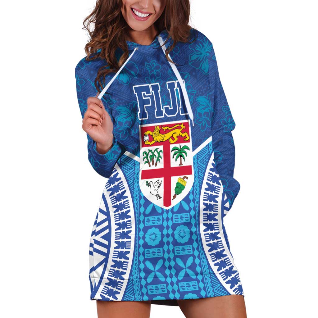 Fiji Day Hoodie Dress Fijian Masi Tribal Hibiscus Tattoo and Tapa Pattern LT03 Blue - Polynesian Pride