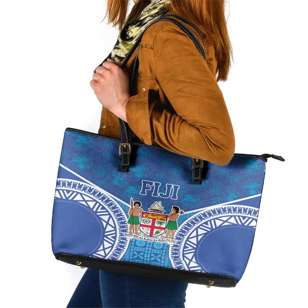 Fiji Day Leather Tote Bag Fijian Masi Tribal Hibiscus Tattoo and Tapa Pattern LT03 Blue - Polynesian Pride