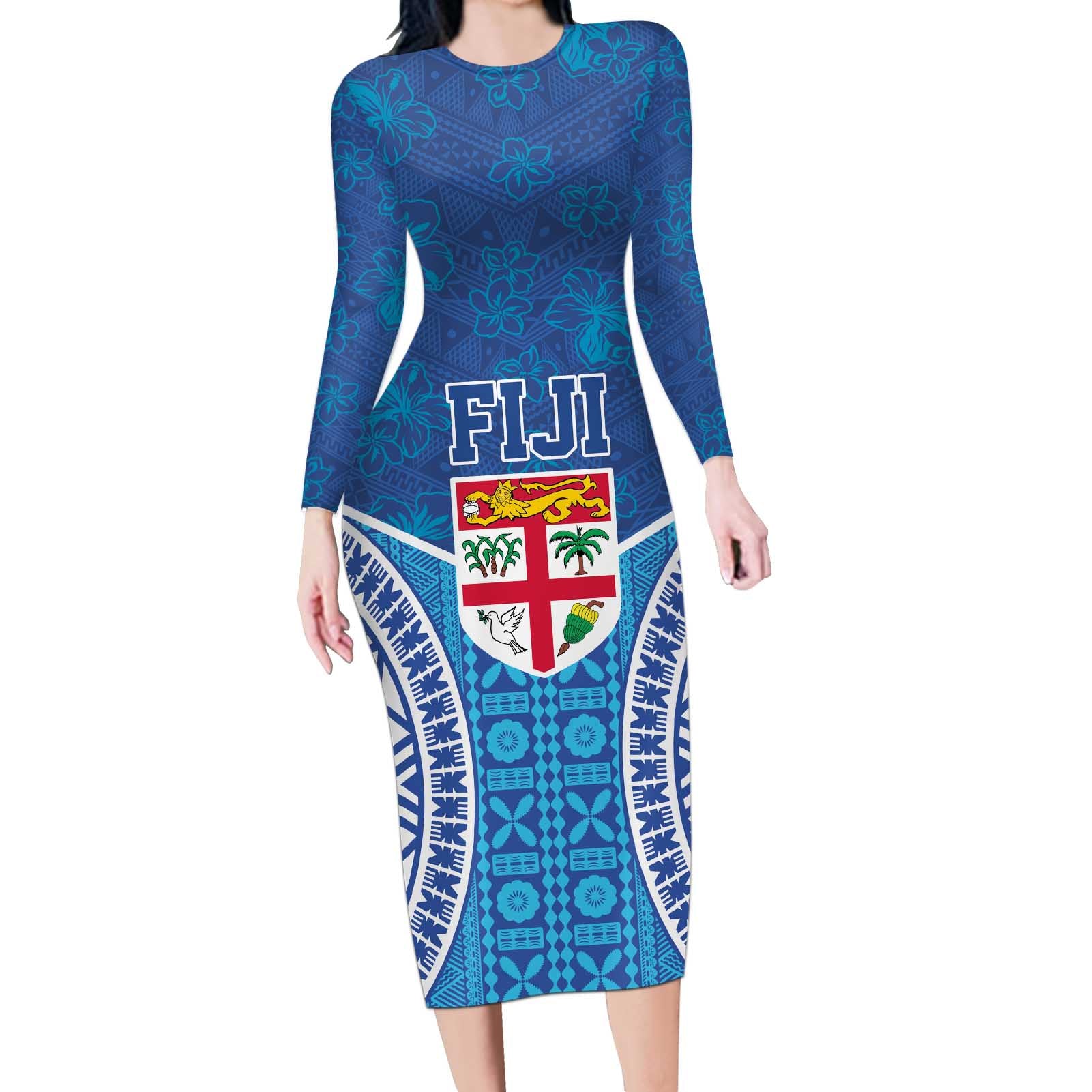 Fiji Day Long Sleeve Bodycon Dress Fijian Masi Tribal Hibiscus Tattoo and Tapa Pattern