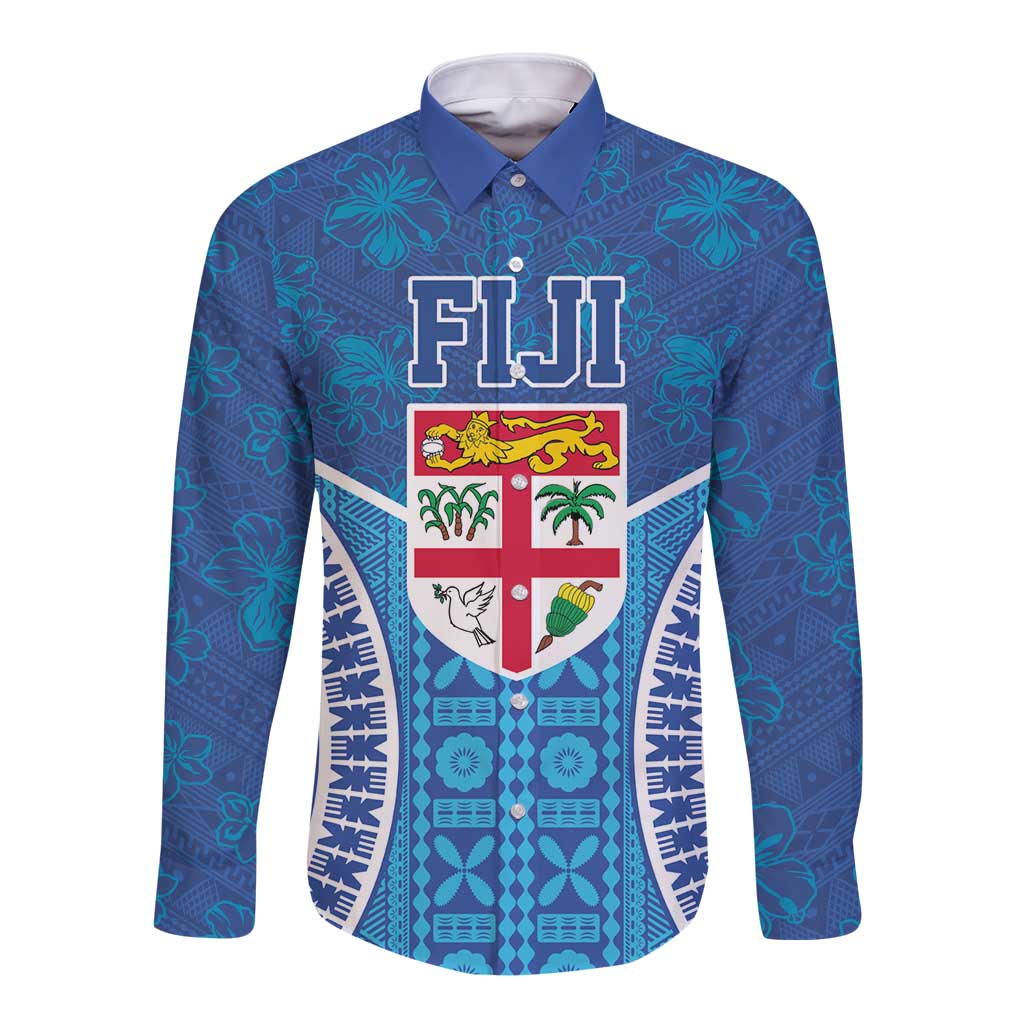 Fiji Day Long Sleeve Button Shirt Fijian Masi Tribal Hibiscus Tattoo and Tapa Pattern