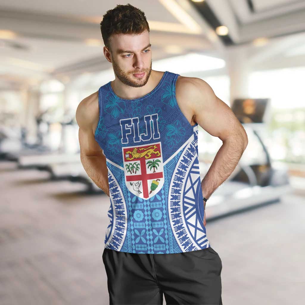 Fiji Day Men Tank Top Fijian Masi Tribal Hibiscus Tattoo and Tapa Pattern LT03 Blue - Polynesian Pride