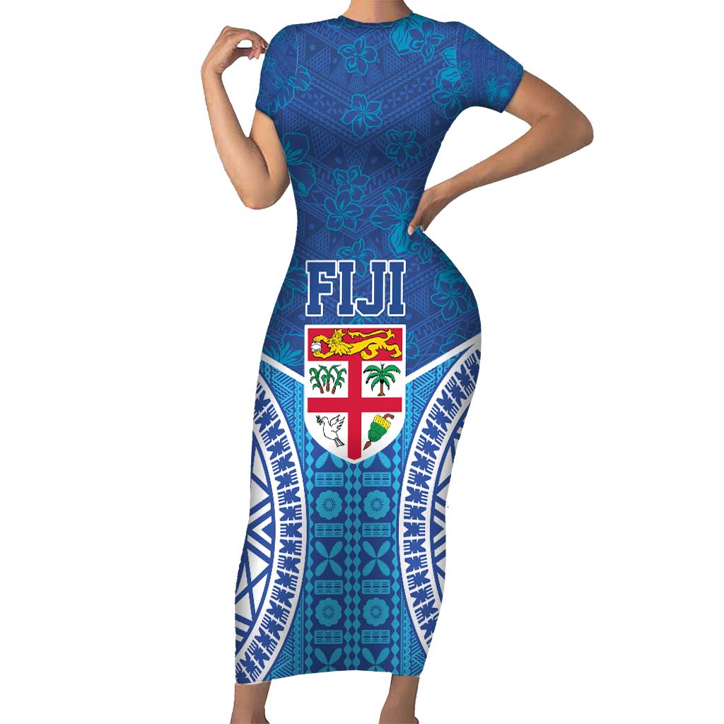 Fiji Day Short Sleeve Bodycon Dress Fijian Masi Tribal Hibiscus Tattoo and Tapa Pattern