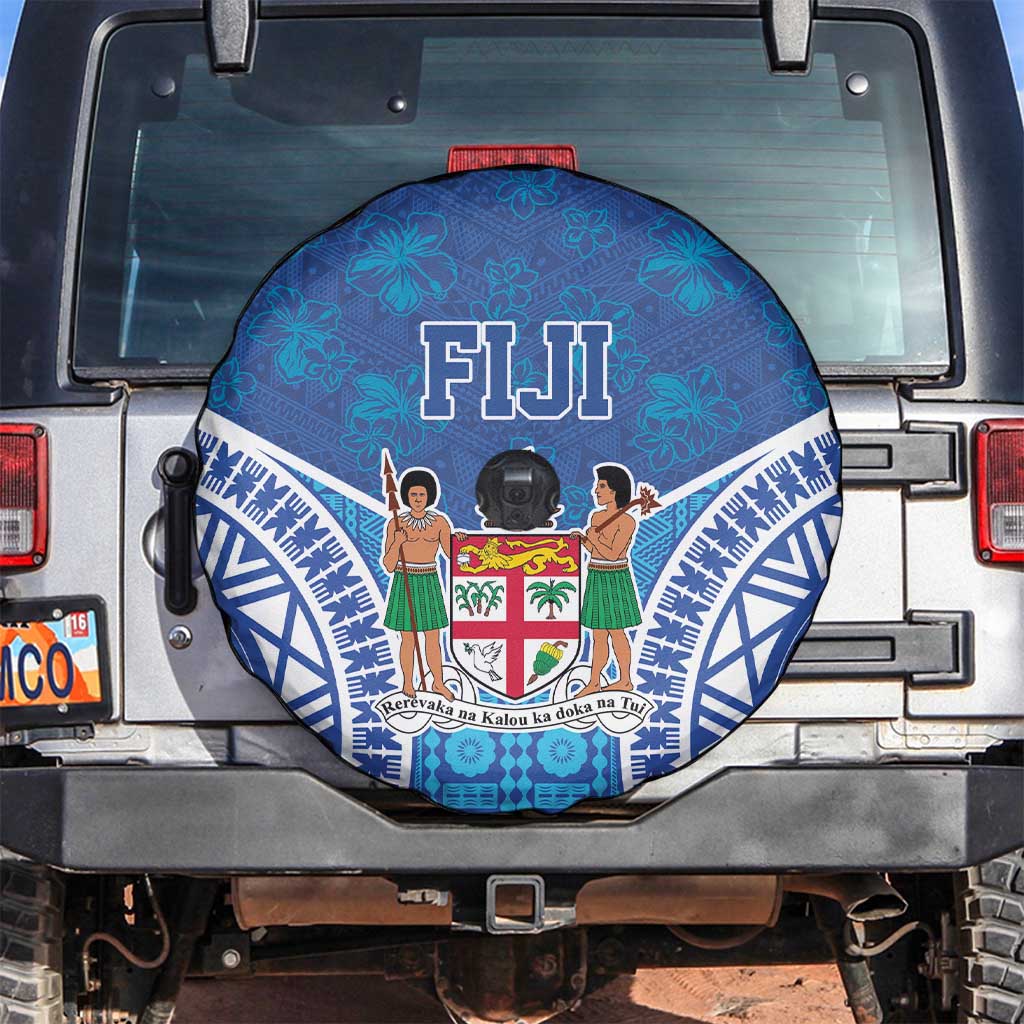 Fiji Day Spare Tire Cover Fijian Masi Tribal Hibiscus Tattoo and Tapa Pattern LT03 Blue - Polynesian Pride