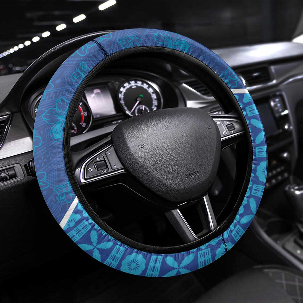 Fiji Day Steering Wheel Cover Fijian Masi Tribal Hibiscus Tattoo and Tapa Pattern LT03 Universal Fit Blue - Polynesian Pride
