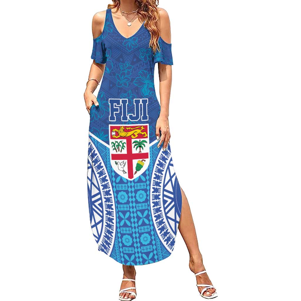 Fiji Day Summer Maxi Dress Fijian Masi Tribal Hibiscus Tattoo and Tapa Pattern LT03 Women Blue - Polynesian Pride