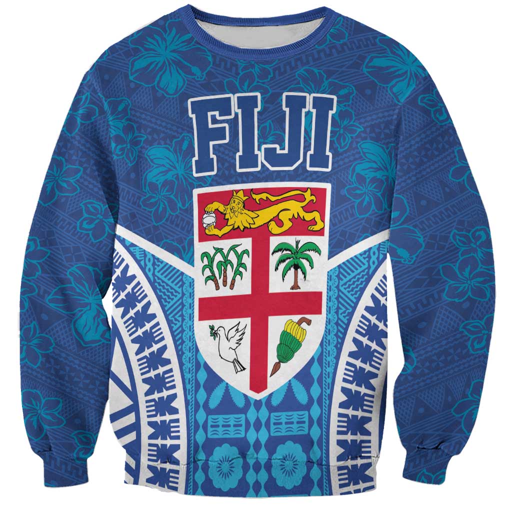 Fiji Day Sweatshirt Fijian Masi Tribal Hibiscus Tattoo and Tapa Pattern LT03 Unisex Blue - Polynesian Pride
