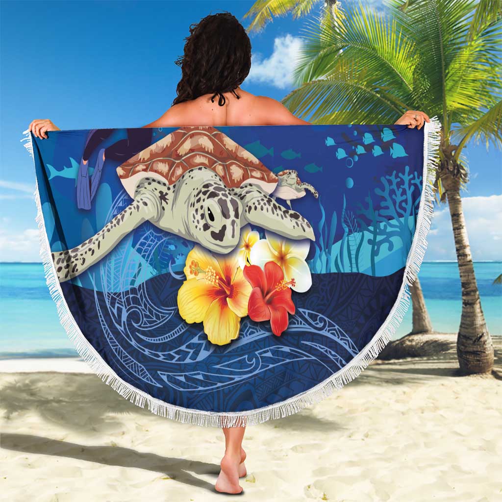 Polynesian Scuba Diving Beach Blanket Honu with Hibiscus and Plumeria Flower and Tapa Tribal Pattern LT03 - Polynesian Pride