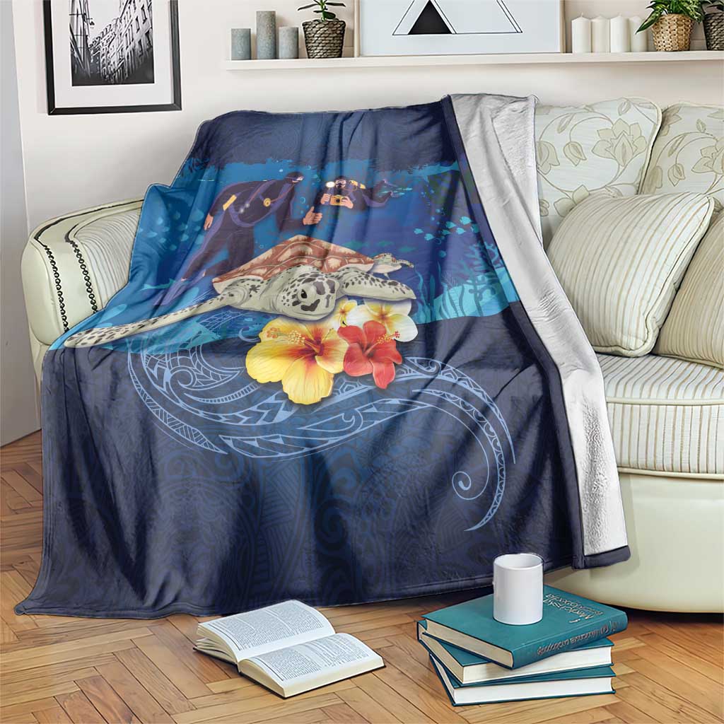 Polynesian Scuba Diving Blanket Honu with Hibiscus and Plumeria Flower and Tapa Tribal Pattern LT03 Blue - Polynesian Pride