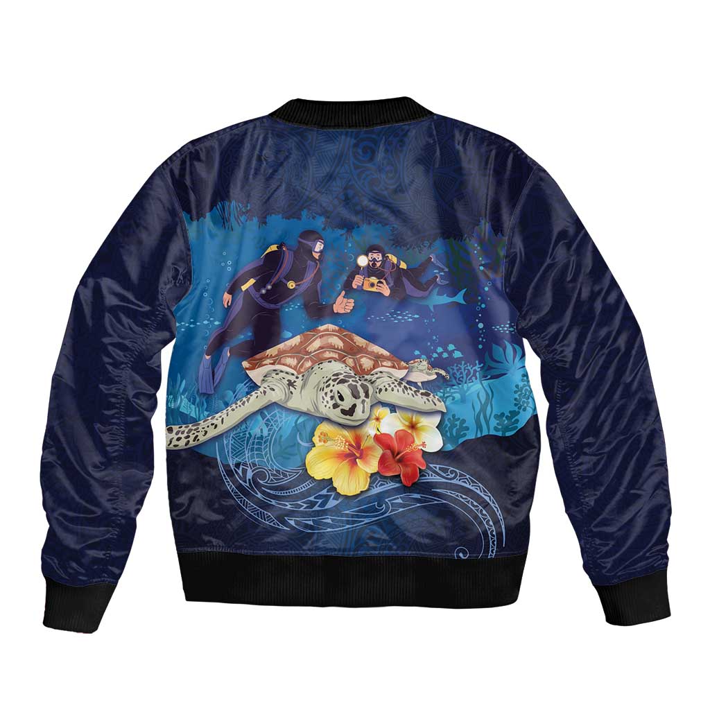 Polynesian Scuba Diving Bomber Jacket Honu with Hibiscus and Plumeria Flower and Tapa Tribal Pattern