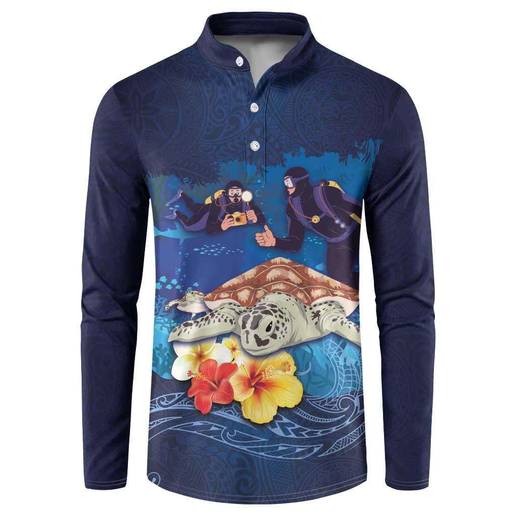 Polynesian Scuba Diving Button Sweatshirt Honu with Hibiscus and Plumeria Flower and Tapa Tribal Pattern