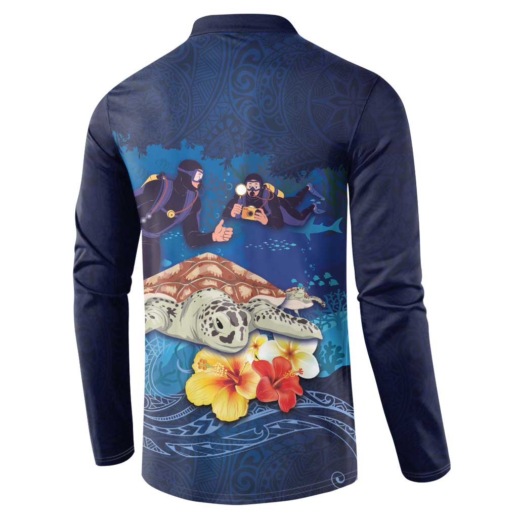 Polynesian Scuba Diving Button Sweatshirt Honu with Hibiscus and Plumeria Flower and Tapa Tribal Pattern