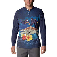 Polynesian Scuba Diving Button Sweatshirt Honu with Hibiscus and Plumeria Flower and Tapa Tribal Pattern