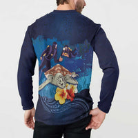 Polynesian Scuba Diving Button Sweatshirt Honu with Hibiscus and Plumeria Flower and Tapa Tribal Pattern