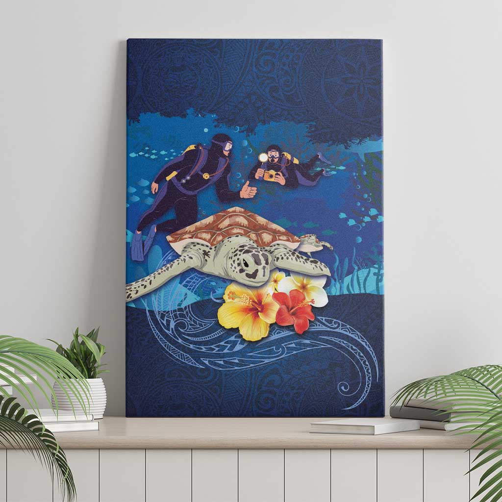 Polynesian Scuba Diving Canvas Wall Art Honu with Hibiscus and Plumeria Flower and Tapa Tribal Pattern LT03 - Polynesian Pride