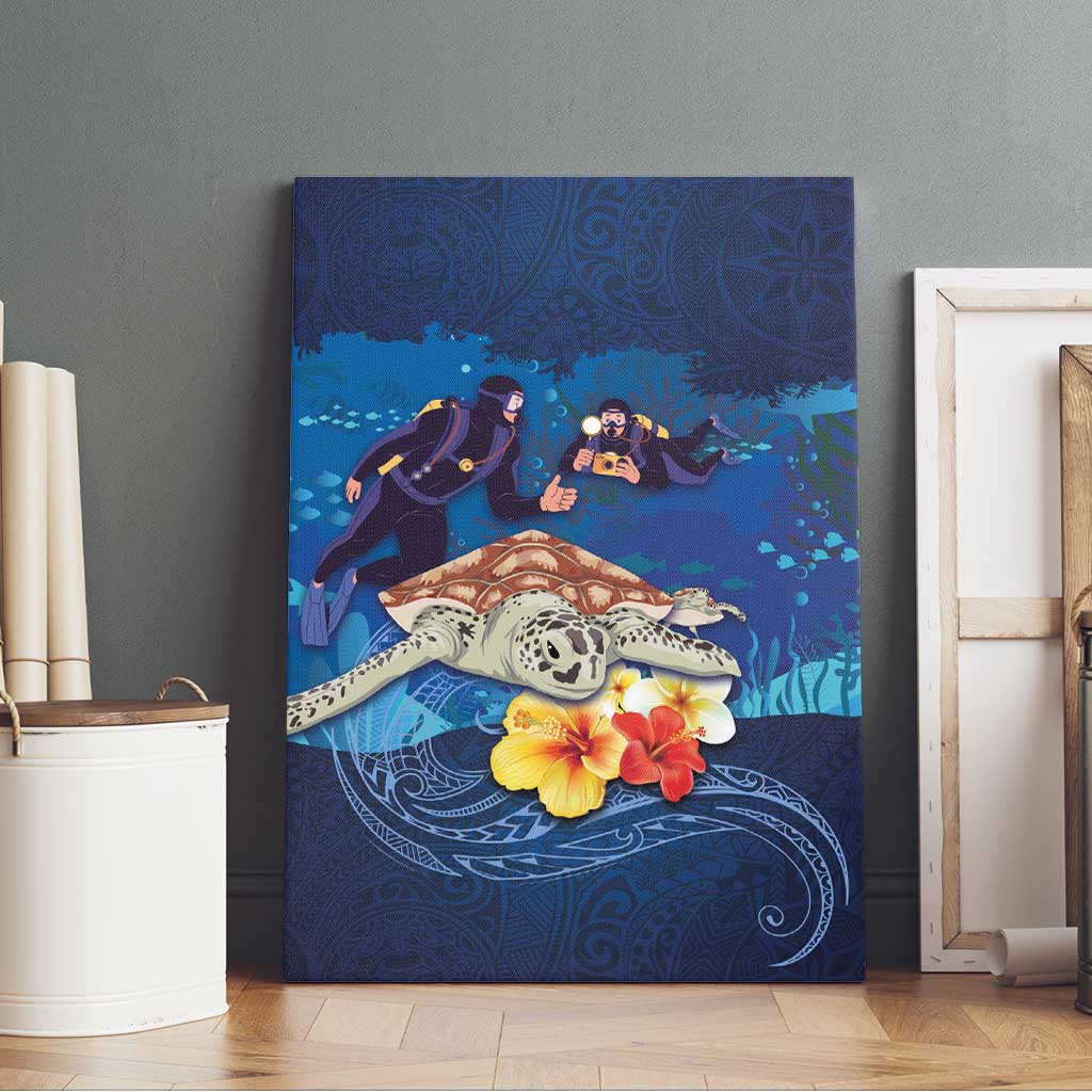 Polynesian Scuba Diving Canvas Wall Art Honu with Hibiscus and Plumeria Flower and Tapa Tribal Pattern LT03 - Polynesian Pride