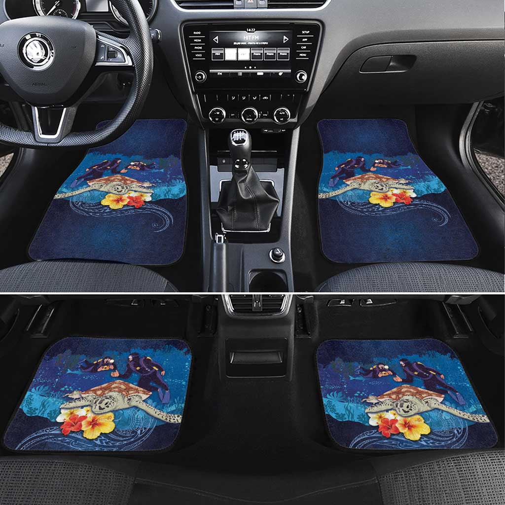 Polynesian Scuba Diving Car Mats Honu with Hibiscus and Plumeria Flower and Tapa Tribal Pattern LT03 Set 4pcs Blue - Polynesian Pride