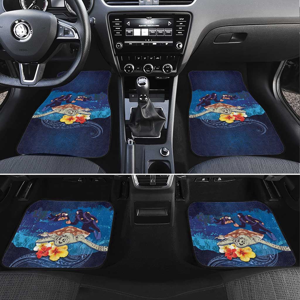 Polynesian Scuba Diving Car Mats Honu with Hibiscus and Plumeria Flower and Tapa Tribal Pattern