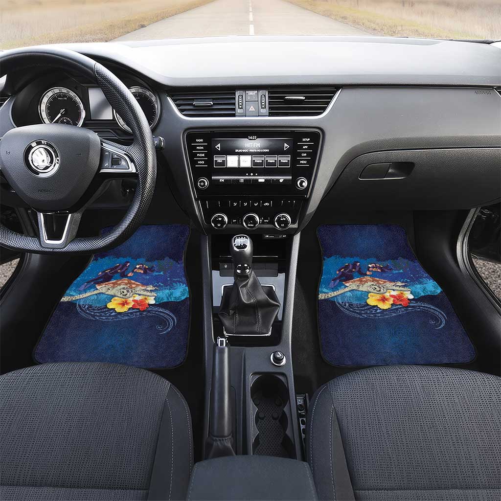 Polynesian Scuba Diving Car Mats Honu with Hibiscus and Plumeria Flower and Tapa Tribal Pattern LT03 Set 2pcs - Front Blue - Polynesian Pride