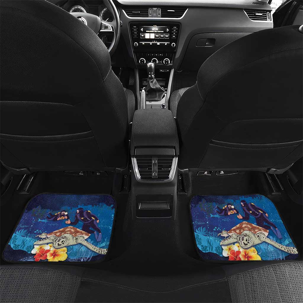 Polynesian Scuba Diving Car Mats Honu with Hibiscus and Plumeria Flower and Tapa Tribal Pattern LT03 Set 2pcs - Back Blue - Polynesian Pride