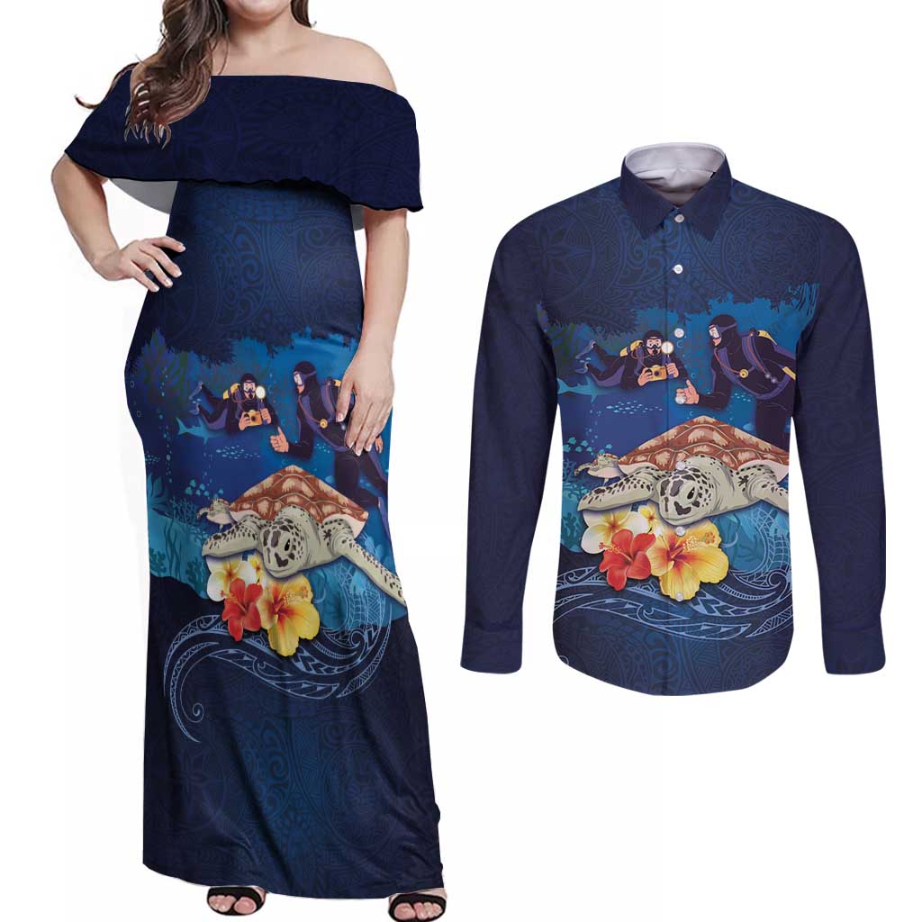 Polynesian Scuba Diving Couples Matching Off Shoulder Maxi Dress and Long Sleeve Button Shirt Honu with Hibiscus and Plumeria Flower and Tapa Tribal Pattern LT03 Blue - Polynesian Pride