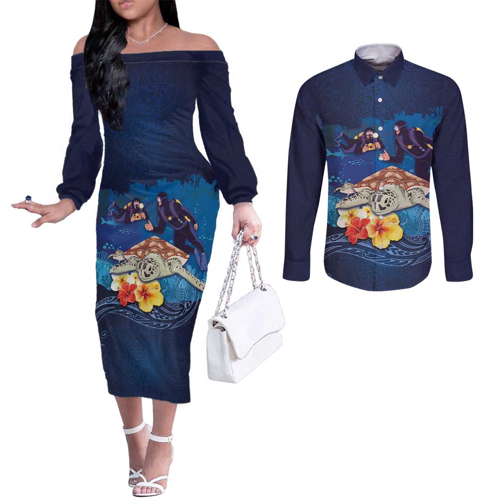 Polynesian Scuba Diving Couples Matching Off The Shoulder Long Sleeve Dress and Long Sleeve Button Shirt Honu with Hibiscus and Plumeria Flower and Tapa Tribal Pattern LT03 Blue - Polynesian Pride