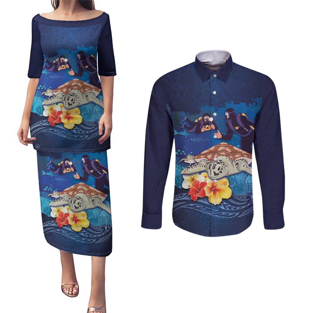 Polynesian Scuba Diving Couples Matching Puletasi and Long Sleeve Button Shirt Honu with Hibiscus and Plumeria Flower and Tapa Tribal Pattern LT03 Blue - Polynesian Pride