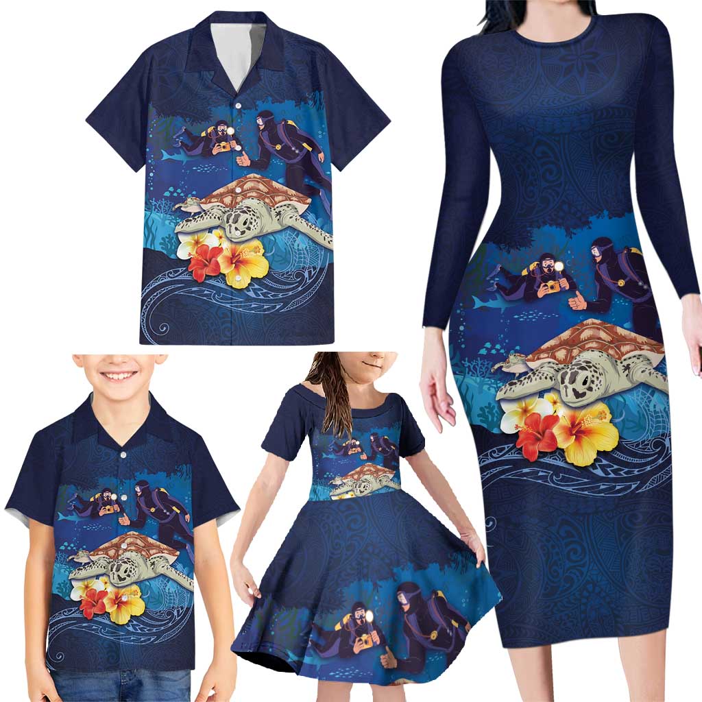 Polynesian Scuba Diving Family Matching Long Sleeve Bodycon Dress and Hawaiian Shirt Honu with Hibiscus and Plumeria Flower and Tapa Tribal Pattern