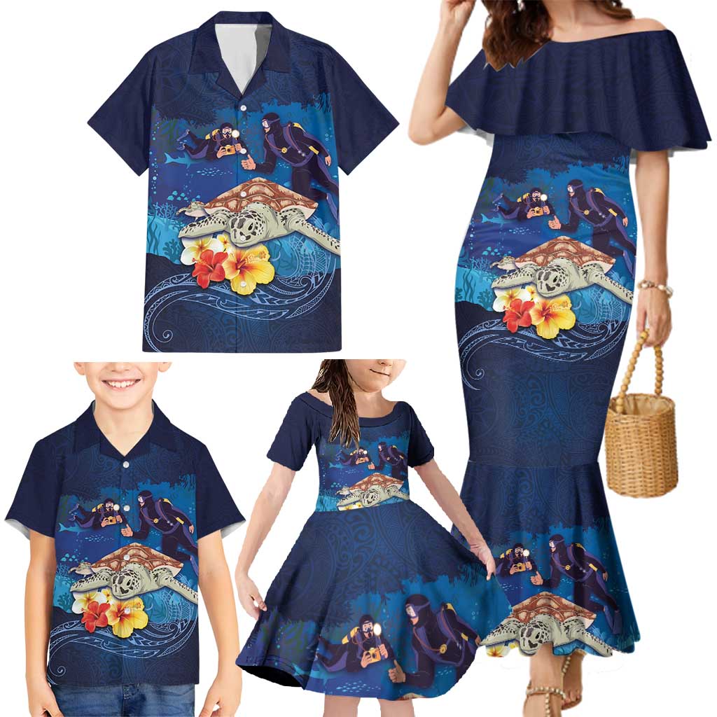 Polynesian Scuba Diving Family Matching Mermaid Dress and Hawaiian Shirt Honu with Hibiscus and Plumeria Flower and Tapa Tribal Pattern