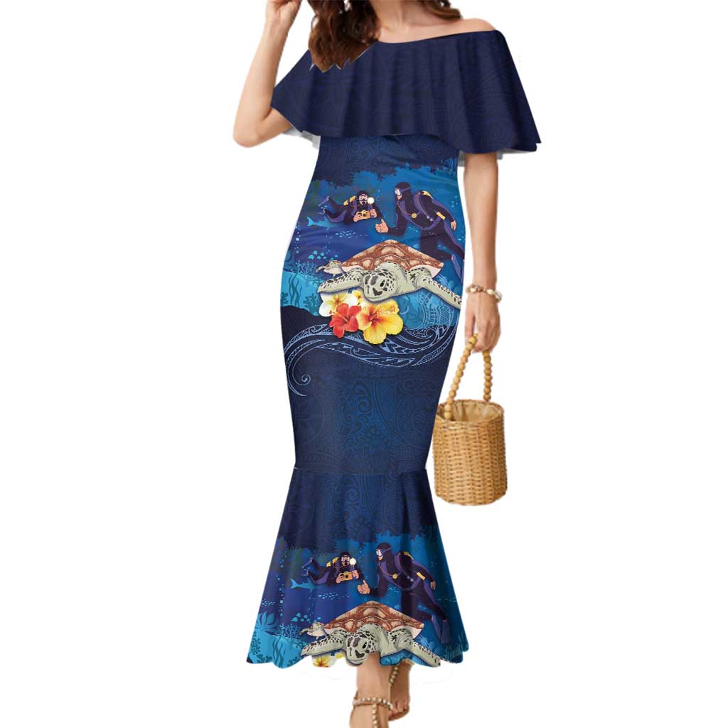 Polynesian Scuba Diving Family Matching Mermaid Dress and Hawaiian Shirt Honu with Hibiscus and Plumeria Flower and Tapa Tribal Pattern