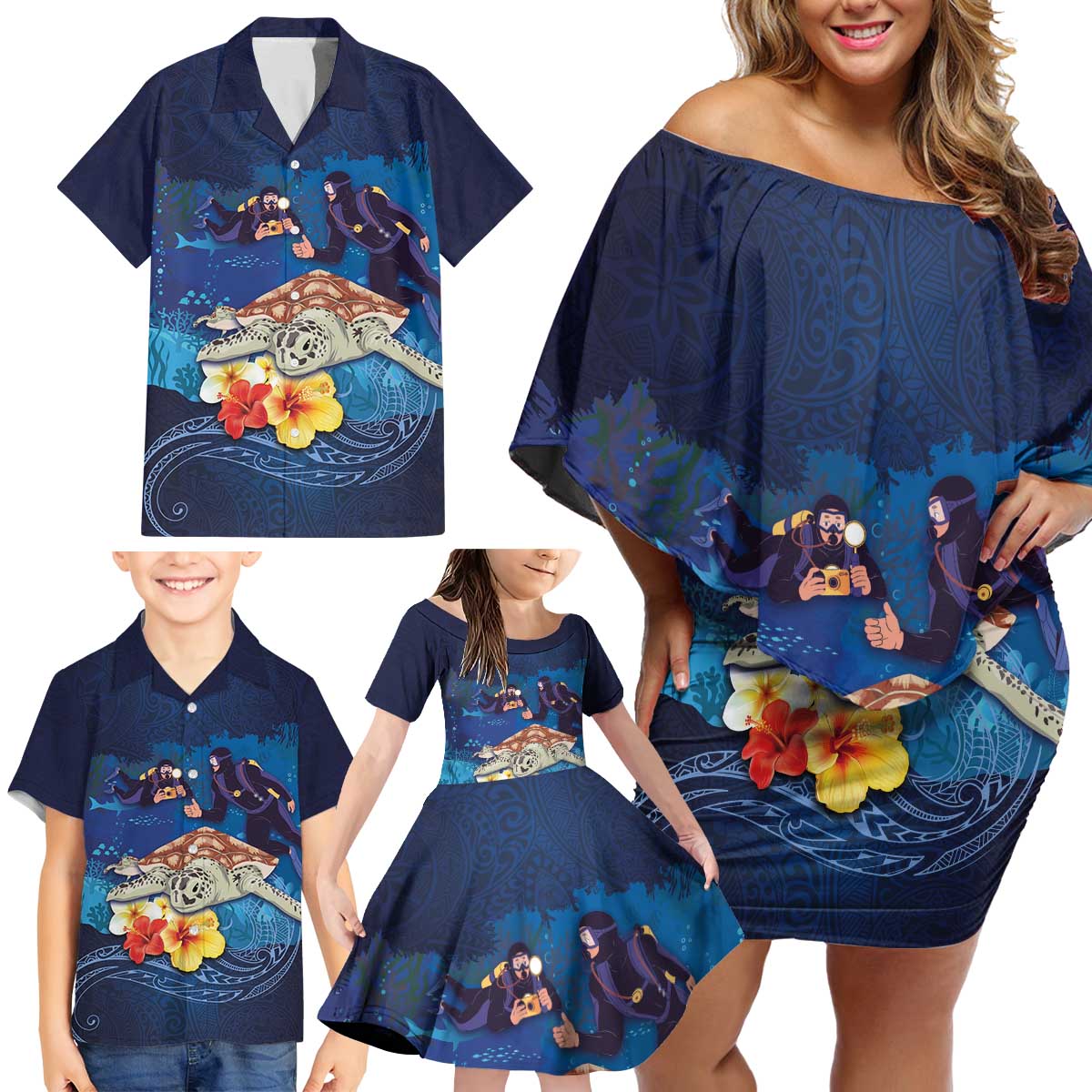 Polynesian Scuba Diving Family Matching Off Shoulder Short Dress and Hawaiian Shirt Honu with Hibiscus and Plumeria Flower and Tapa Tribal Pattern