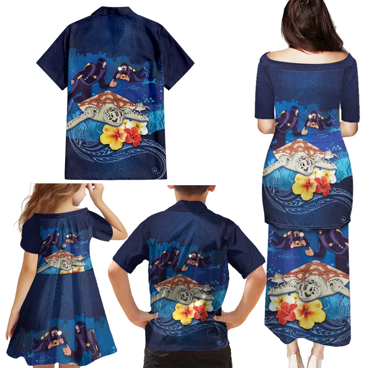 Polynesian Scuba Diving Family Matching Puletasi and Hawaiian Shirt Honu with Hibiscus and Plumeria Flower and Tapa Tribal Pattern