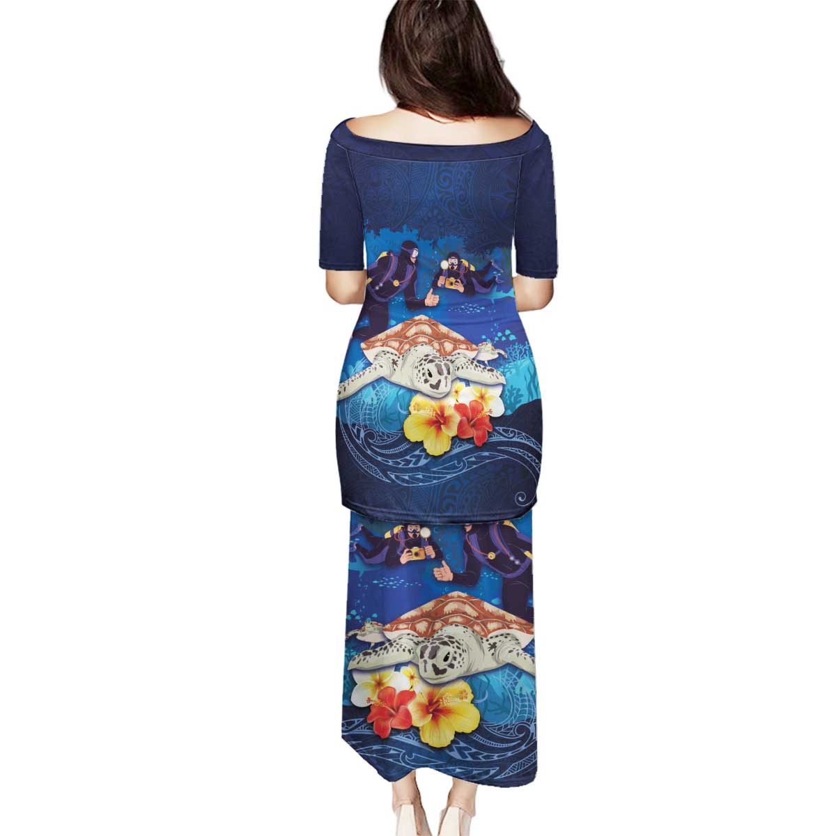 Polynesian Scuba Diving Family Matching Puletasi and Hawaiian Shirt Honu with Hibiscus and Plumeria Flower and Tapa Tribal Pattern