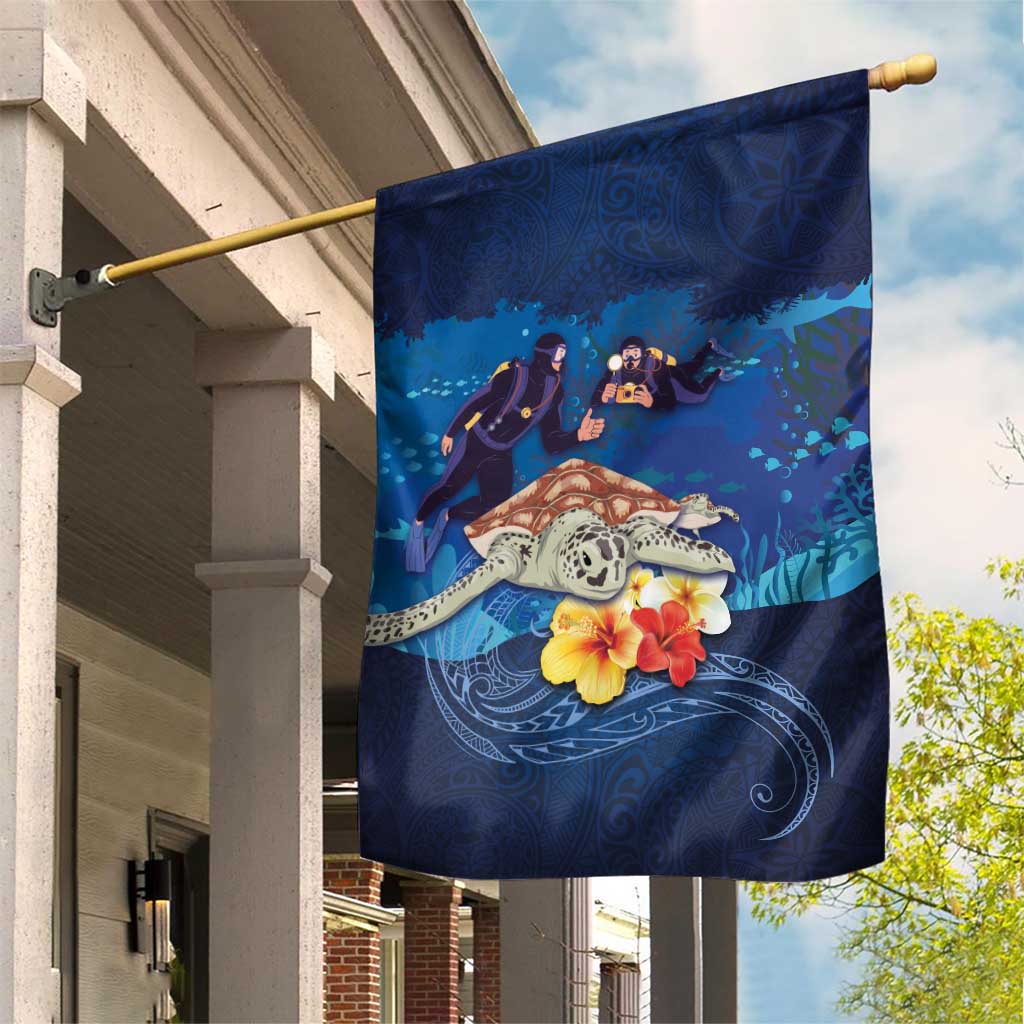 Polynesian Scuba Diving Garden Flag Honu with Hibiscus and Plumeria Flower and Tapa Tribal Pattern LT03 House Flag Blue - Polynesian Pride